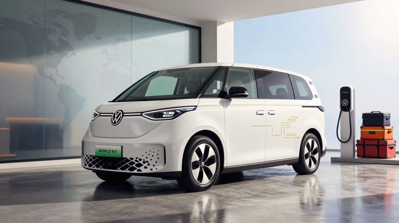 Carro elétrico Volkswagen branco estacionado próximo a estação de carregamento e malas coloridas.