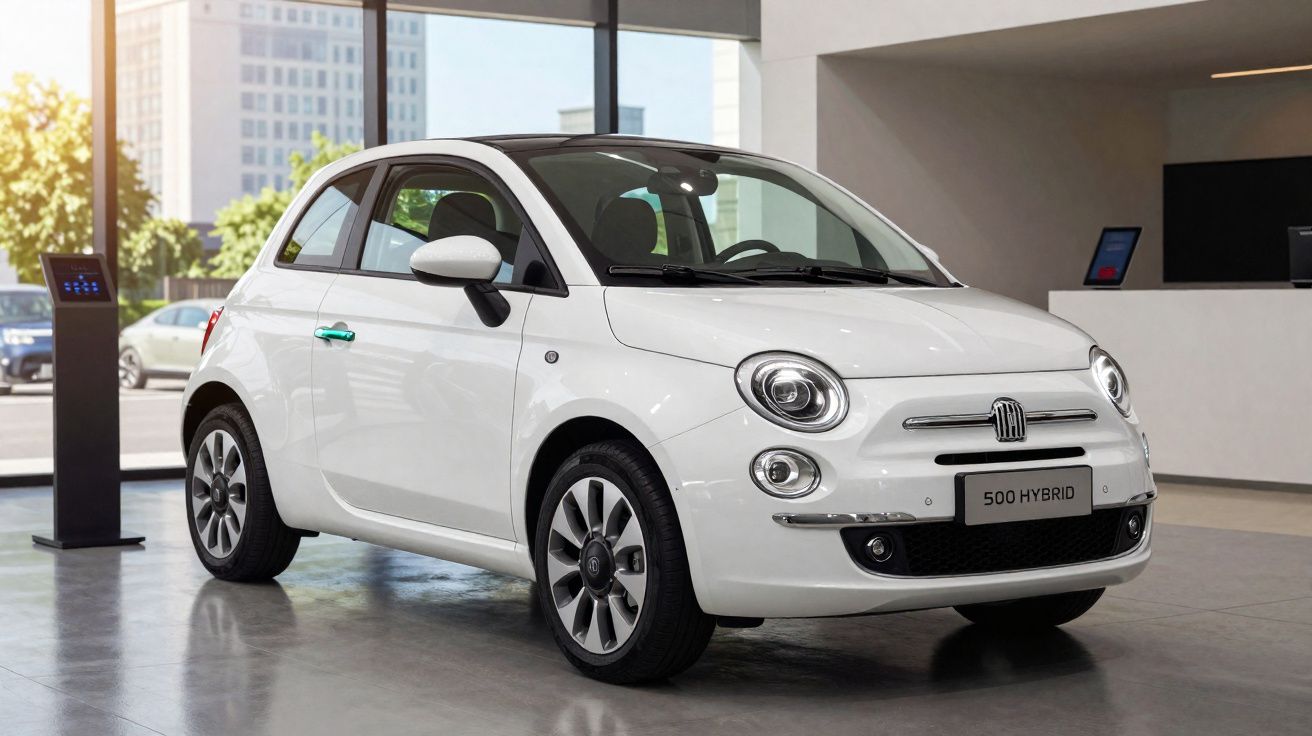 Carro branco Fiat 500 Hybrid estacionado em showroom moderno com grandes janelas ao fundo.