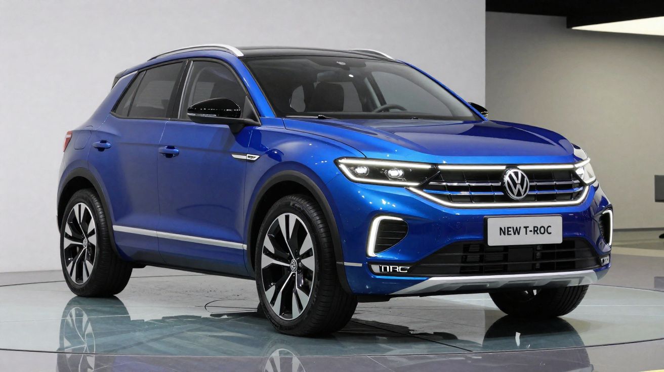 Carro Volkswagen T-Roc azul em exposição, vista frontal lateral direita.