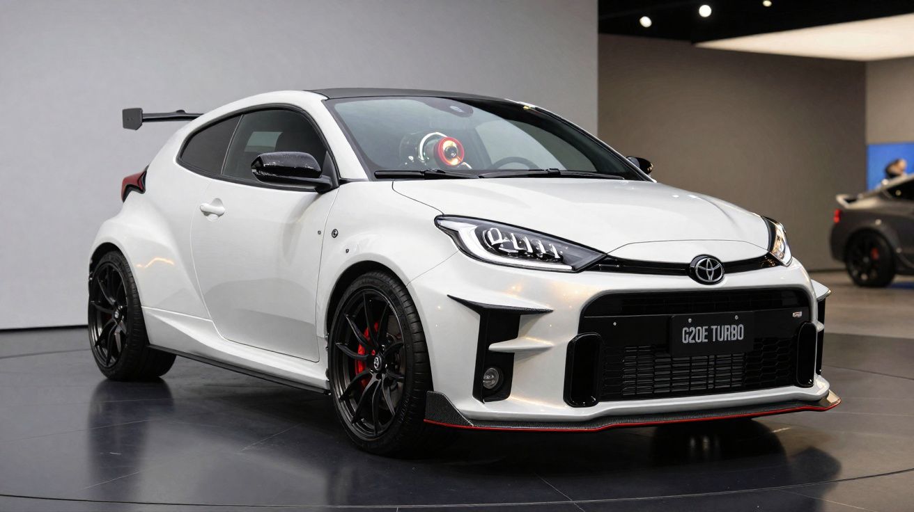 Carro esportivo branco Toyota G20E Turbo exibido em salão, com rodas pretas e aerofólio traseiro.