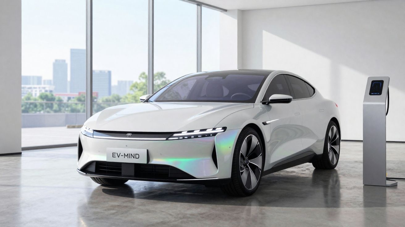 Carro elétrico branco moderno estacionado em ambiente interno com estação de recarga ao lado.