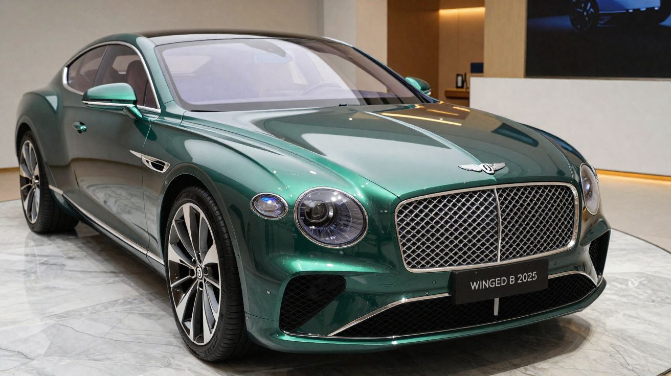 Carro esportivo verde metálico Bentley Winged B 2025 exposto em ambiente interno moderno.