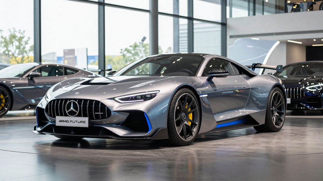 Carro esportivo Mercedes AMG Project One prata exibido em showroom moderno com outras máquinas ao fundo.