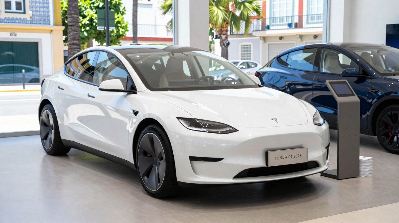 Carro elétrico branco Tesla Modelo S exposto em showroom moderno com piso cinza.