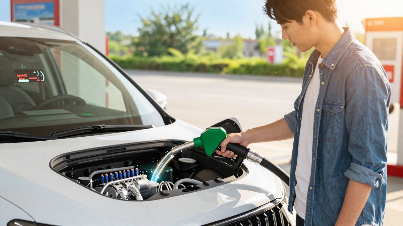 Homem abastecendo carro elétrico com bomba em posto de combustível ensolarado.