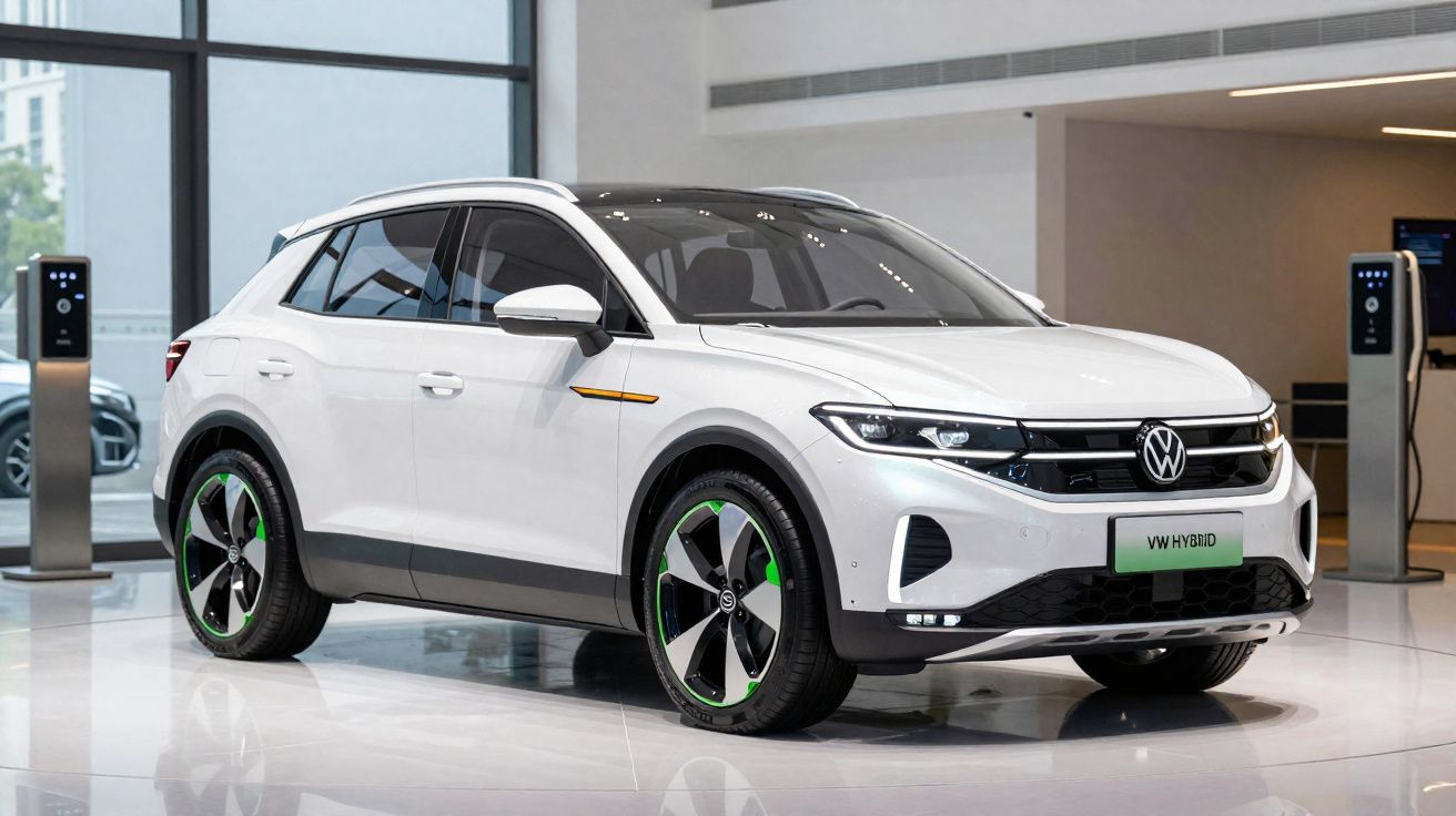 Carro SUV branco Volkswagen híbrido em exposição com piso brilhante e estação de carregamento ao fundo.