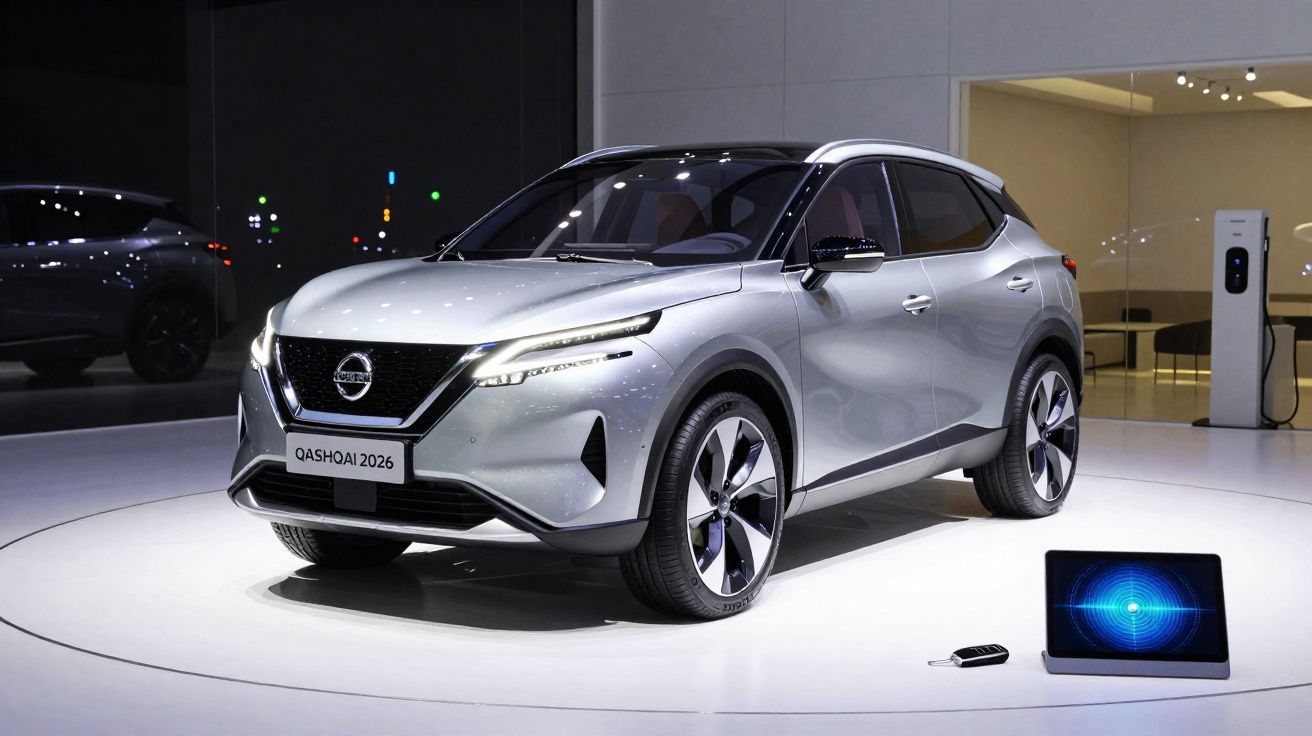 SUV Nissan Qashqai 2026 prata exibido em estande com tela digital e chave ao lado.