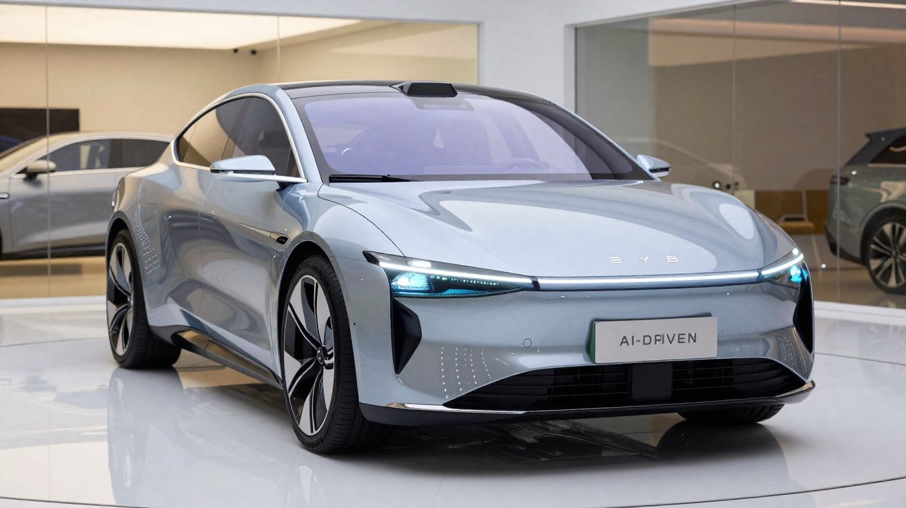 Carro elétrico prateado moderno em exposição em ambiente interno com piso branco brilhante.