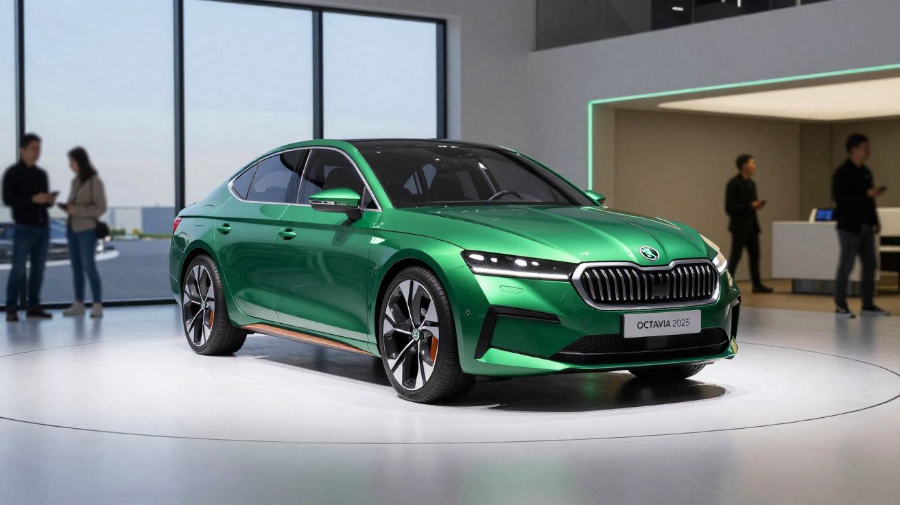 Carro verde metálico Škoda Octavia 2025 exibido em estande moderno com pessoas ao fundo.