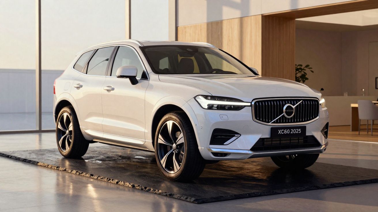 Carro SUV Volvo XC60 2025 branco exibido em ambiente interno moderno e iluminado.