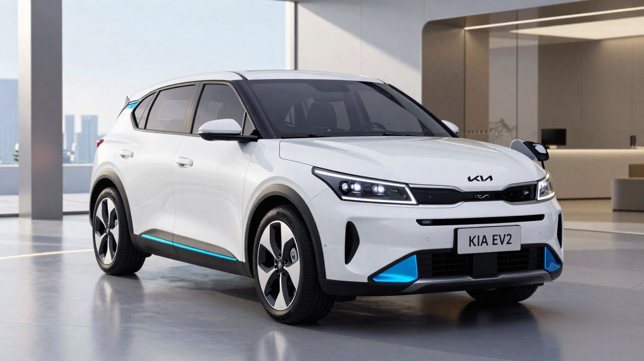Carro branco elétrico Kia EV2 estacionado em ambiente moderno e iluminado, com detalhes azuis e teto preto.