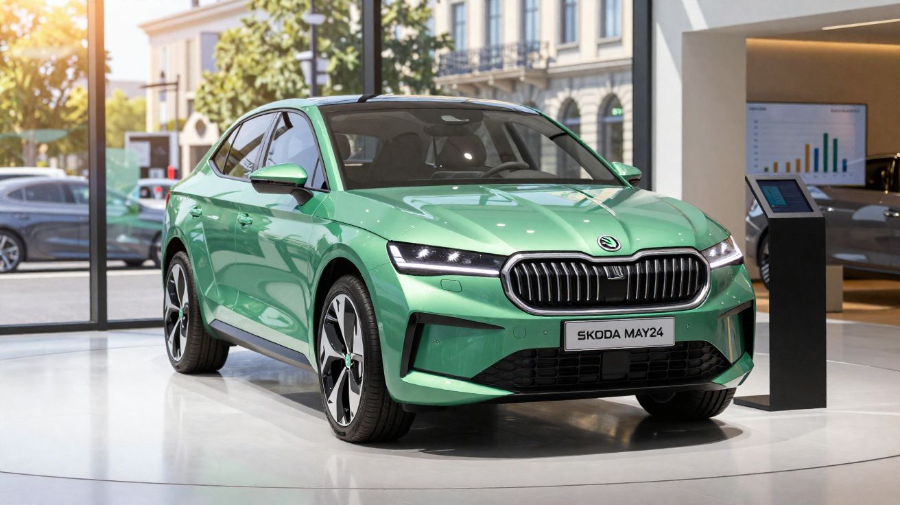 Carro verde Skoda May24 em exibição dentro de showroom moderno com grandes janelas.