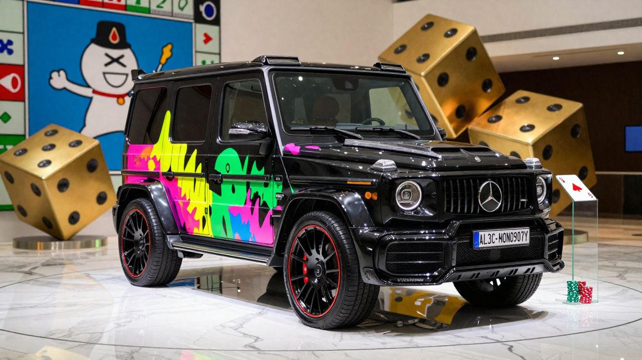 Carro SUV preto Mercedes-Benz G-Class com pintura colorida exposto em ambiente moderno com dados gigantes ao fundo.