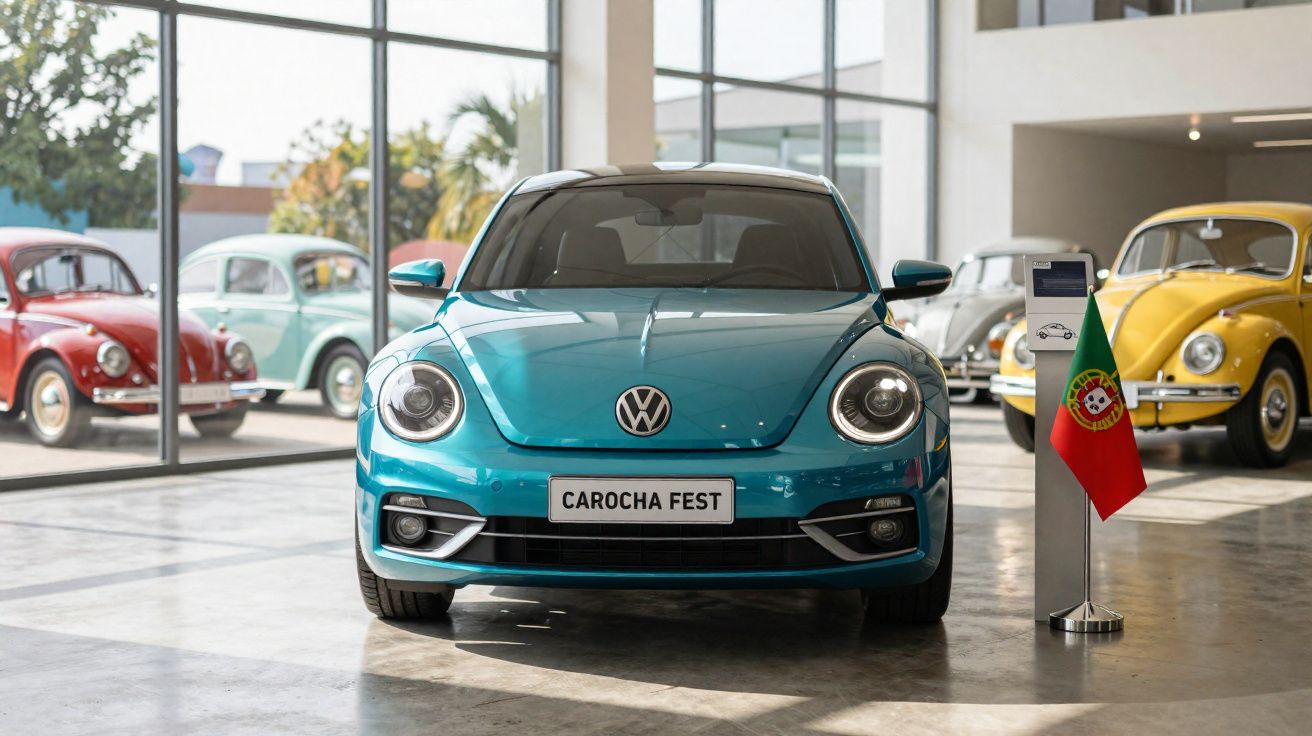 Carro Volkswagen Fusca azul exibido em museu com outros Fuscas coloridos ao fundo e bandeira de Portugal.