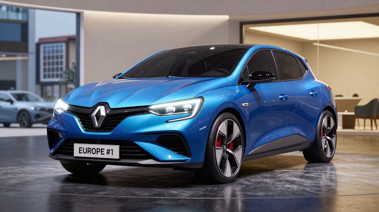 Carro hatchback Renault azul brilhante estacionado em ambiente interno moderno e iluminado.