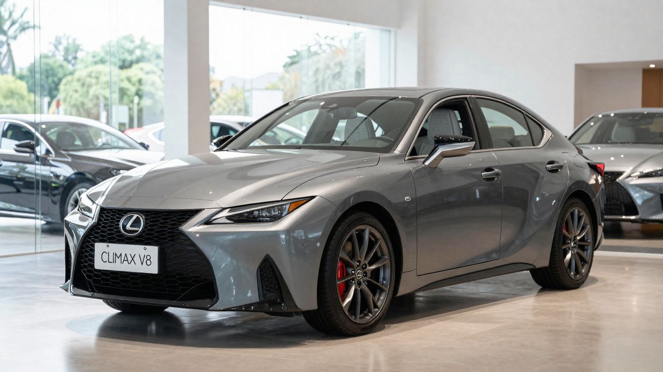 Carro sedan Lexus cinza metálico modelo CLIMAX V8 em showroom moderno com chão de concreto polido.