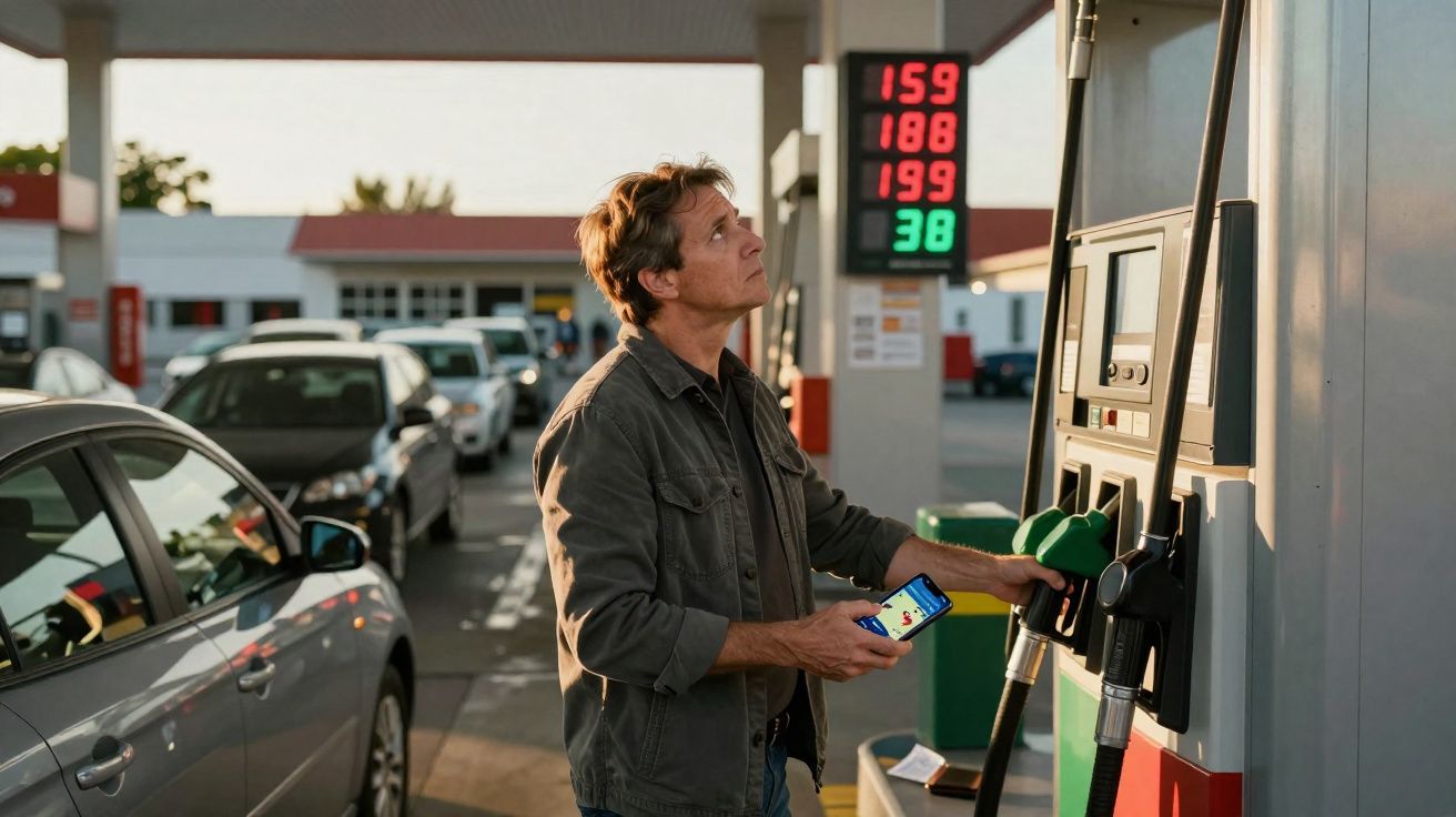 Homem com jaqueta segurando celular abastece carro em posto com painel digital de preços ao fundo.