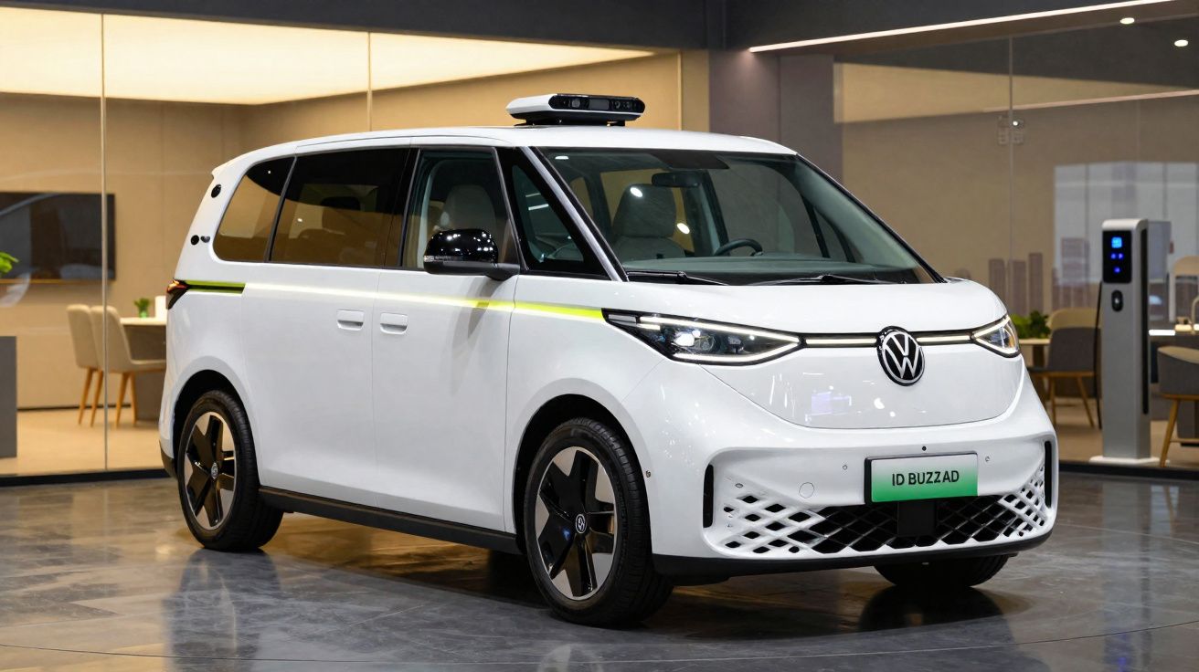 Carro elétrico branco Volkswagen ID Buzz AD estacionado em ambiente interno moderno.