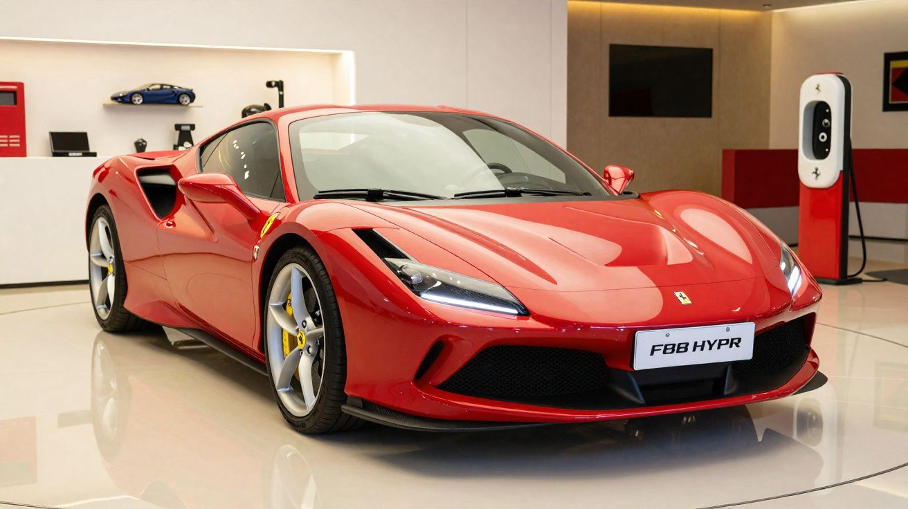 Carro esportivo vermelho Ferrari F8 Tributo estacionado em showroom moderno com parede branca e piso brilhante.