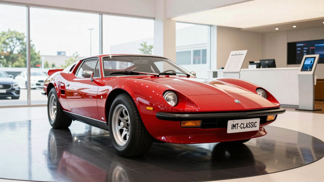 Carro esportivo clássico vermelho exposto em showroom moderno com grandes janelas e piso brilhante.