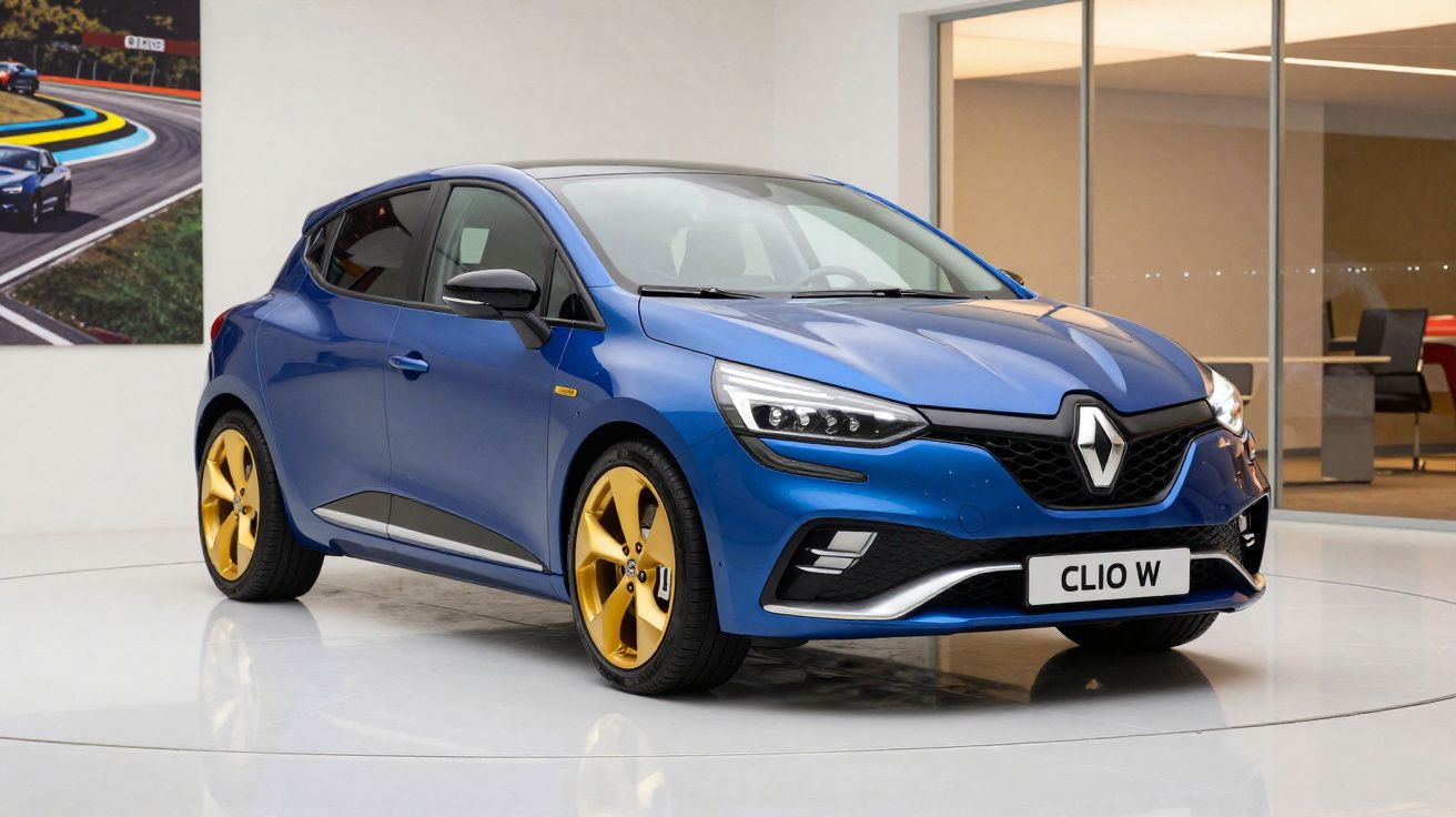 Carro Renault Clio W azul com rodas douradas exposto em ambiente interno moderno.