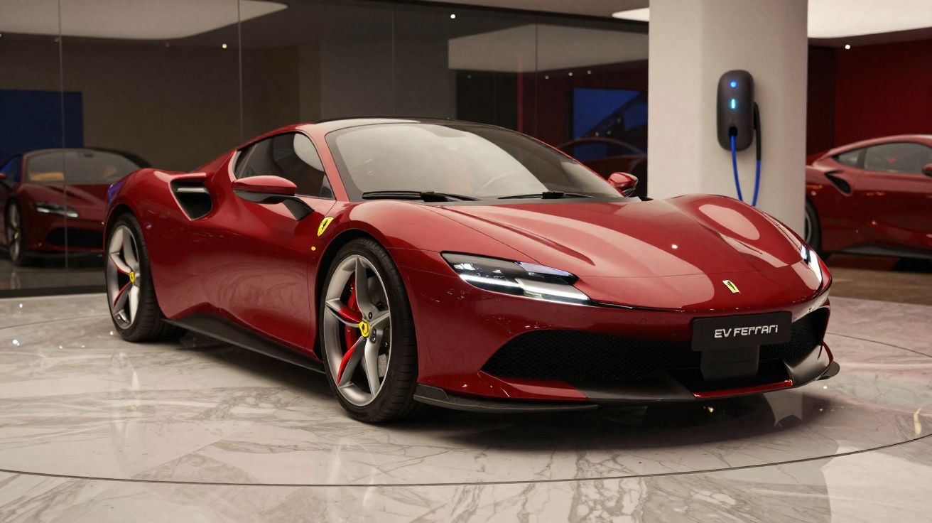 Carro esportivo vermelho Ferrari elétrico exibido em showroom moderno com recarregador na parede.