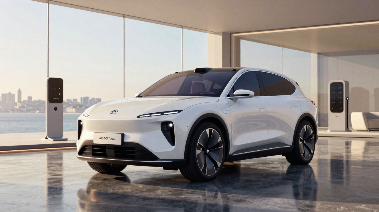 Carro elétrico branco estacionado em garagem moderna com pontos de recarga e vista para a cidade.