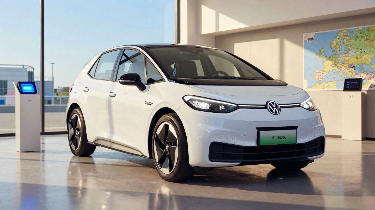 Carro elétrico branco Volkswagen ID.3 estacionado em ambiente interno com piso refletivo.