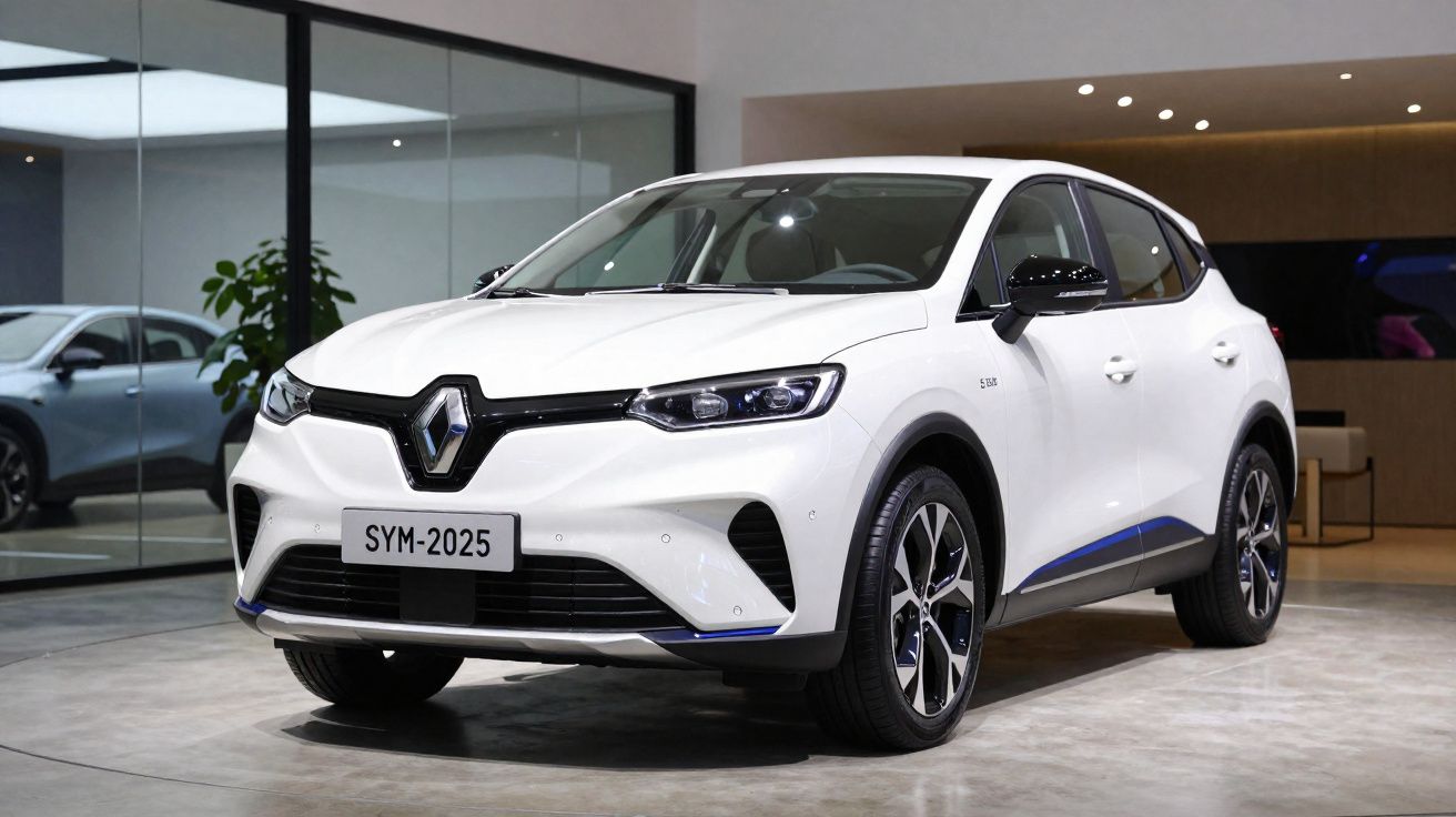 Carro elétrico branco Renault capturado em ambiente interno de showroom moderno.