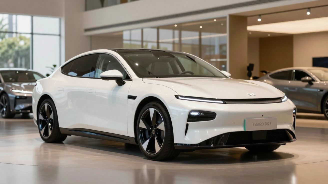 Carro elétrico sedan branco exposto em showroom moderno com piso brilhante e outras unidades ao fundo.