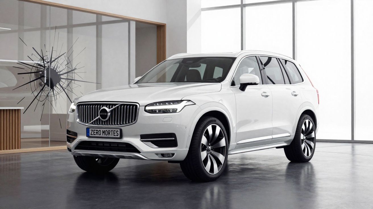 SUV branco da Volvo estacionado dentro de uma sala com parede de vidro e quadro moderno.