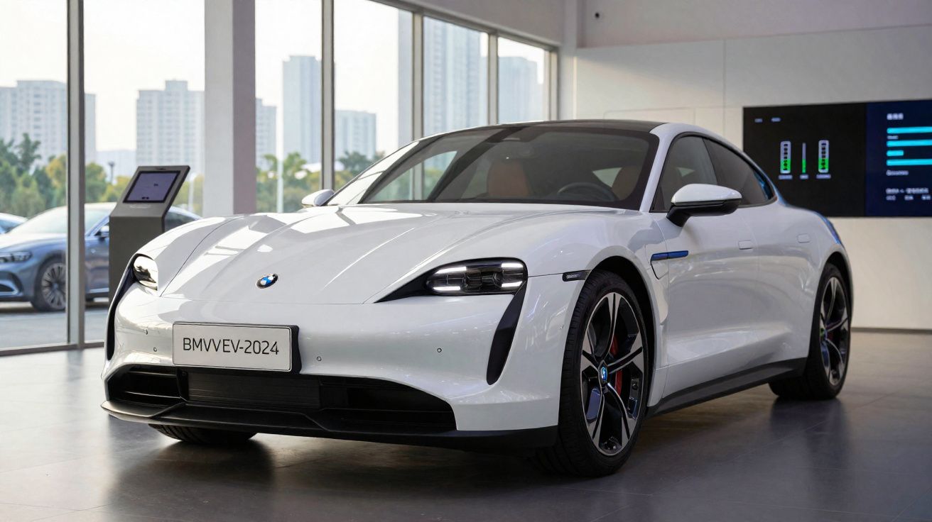 Carro elétrico branco BMW i4 exposto em showroom moderno com vidro e painéis digitais.