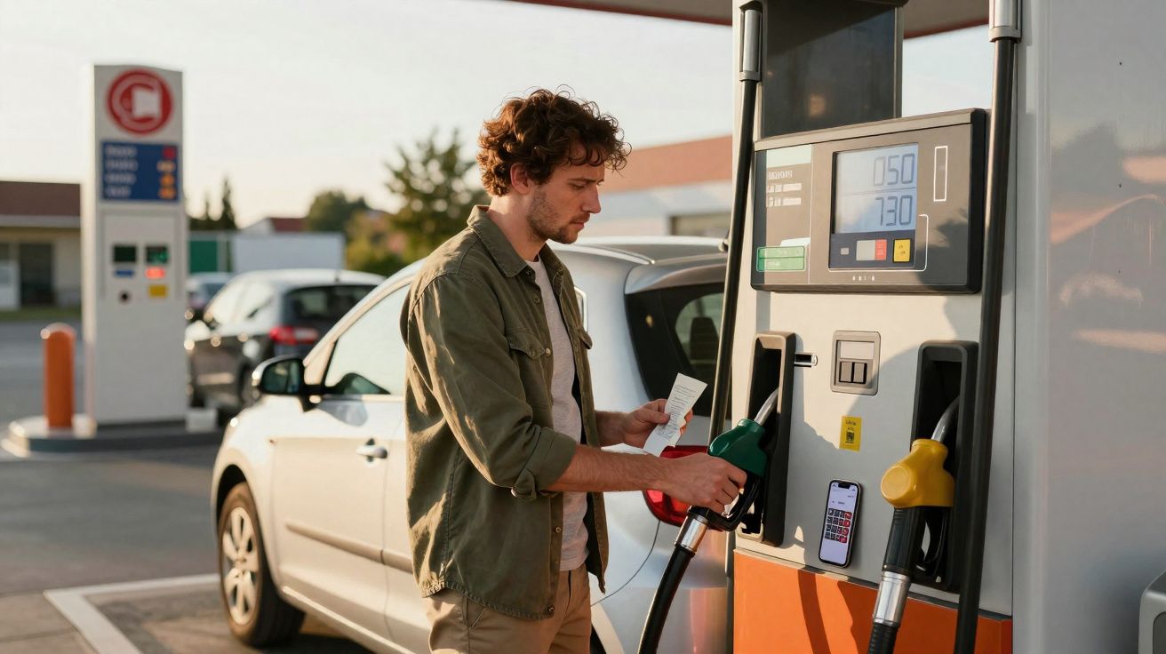 Homem abastecendo carro em posto de gasolina enquanto confere recibo e celular.