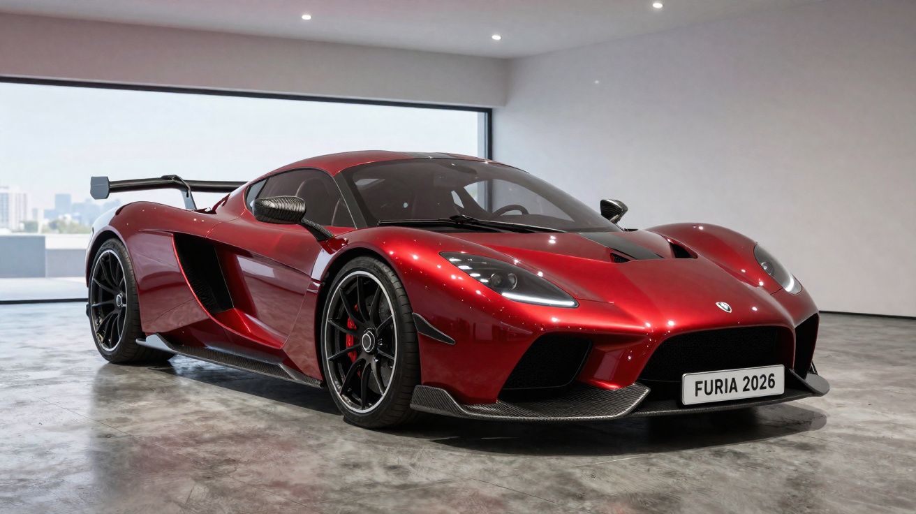 Carro esportivo vermelho metálico com design aerodinâmico, rodas pretas e placa "FURIA 2026" em ambiente interno.