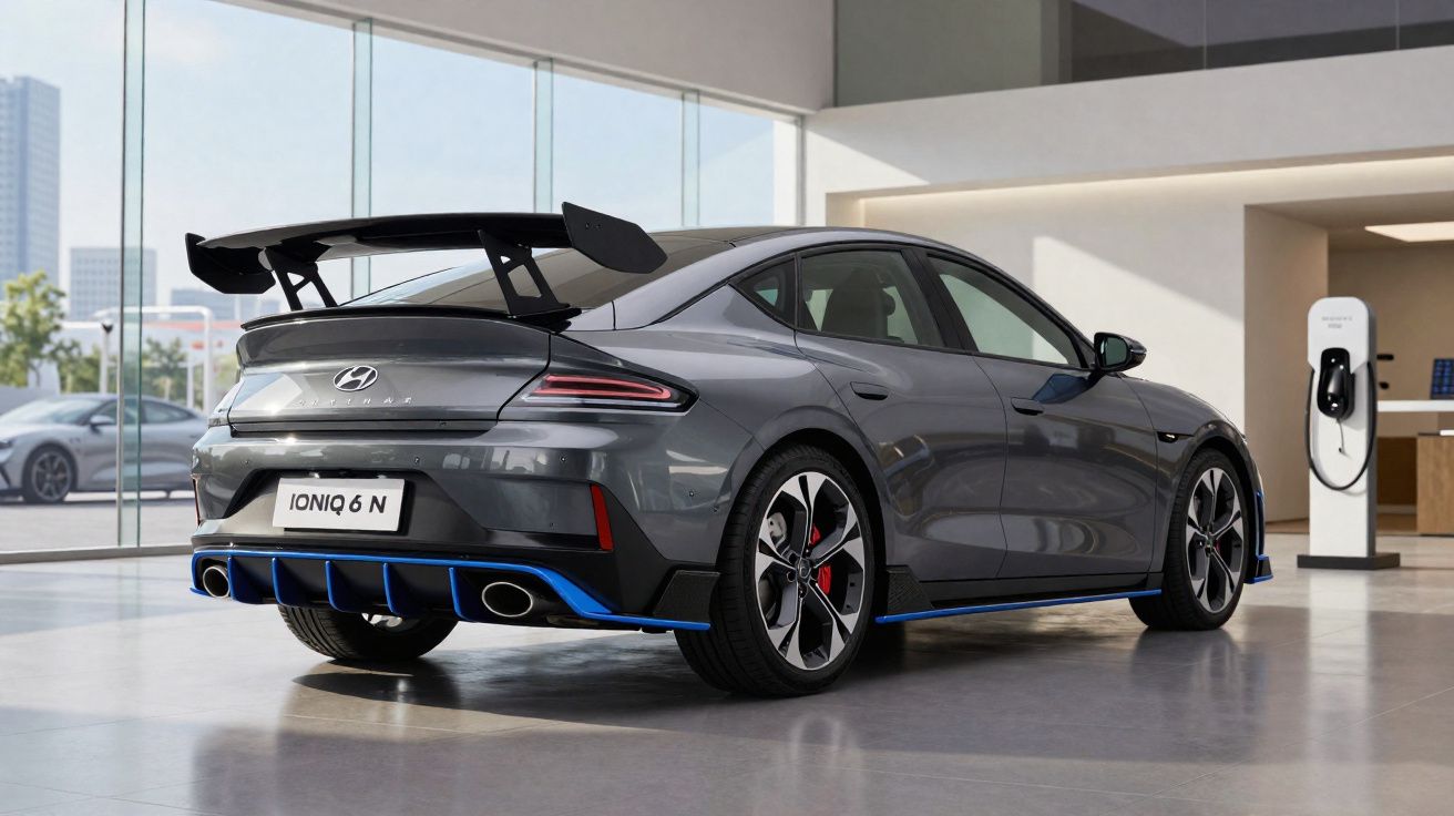 Carro esportivo elétrico Hyundai Ioniq 6 N cinza em showroom moderno com estação de recarga ao fundo.