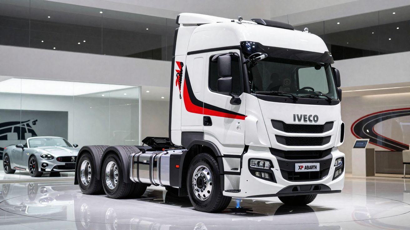 Caminhão branco Iveco XP Abarth em exposição com carro esportivo ao fundo em ambiente moderno e iluminado.