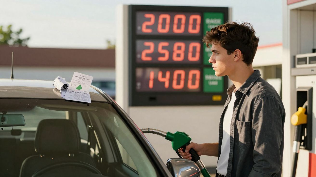 Homem abastecendo carro em posto de combustível com preços elevados mostrados no painel ao fundo.