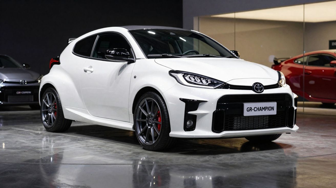Carro esportivo branco Toyota GR-Champion exibido em salão com iluminação interna.