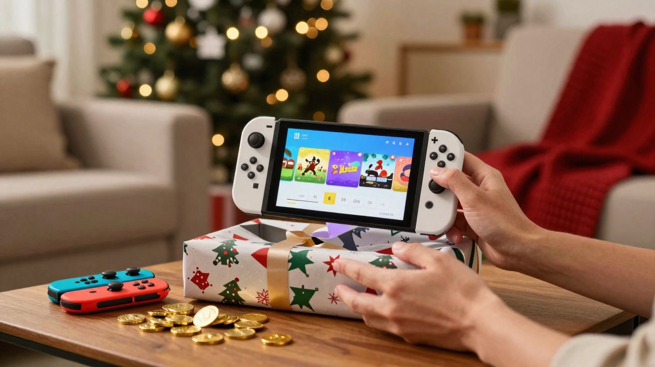 Pessoa segurando videogame portátil branco sobre mesa com presentes e moedas douradas, árvore de Natal ao fundo.