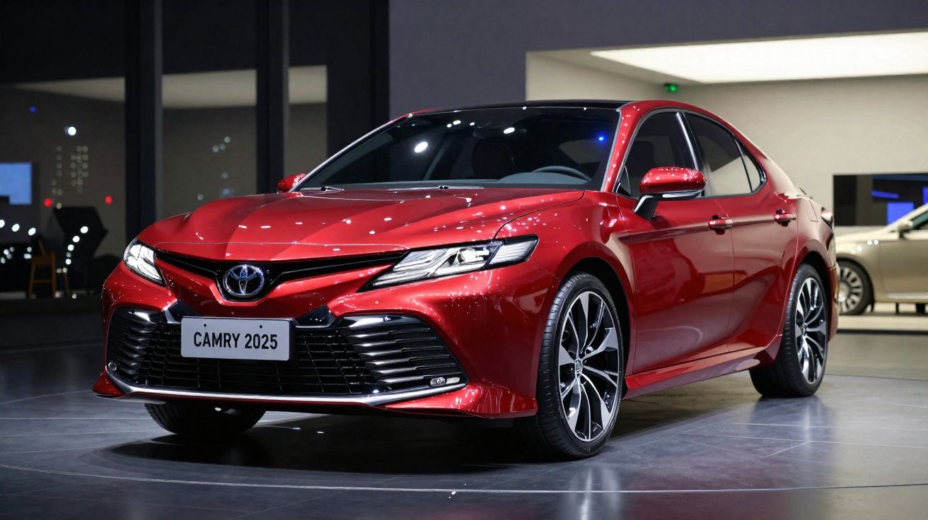 Carro sedã vermelho Toyota Camry 2025 em exposição interna com rodas esportivas e design moderno.