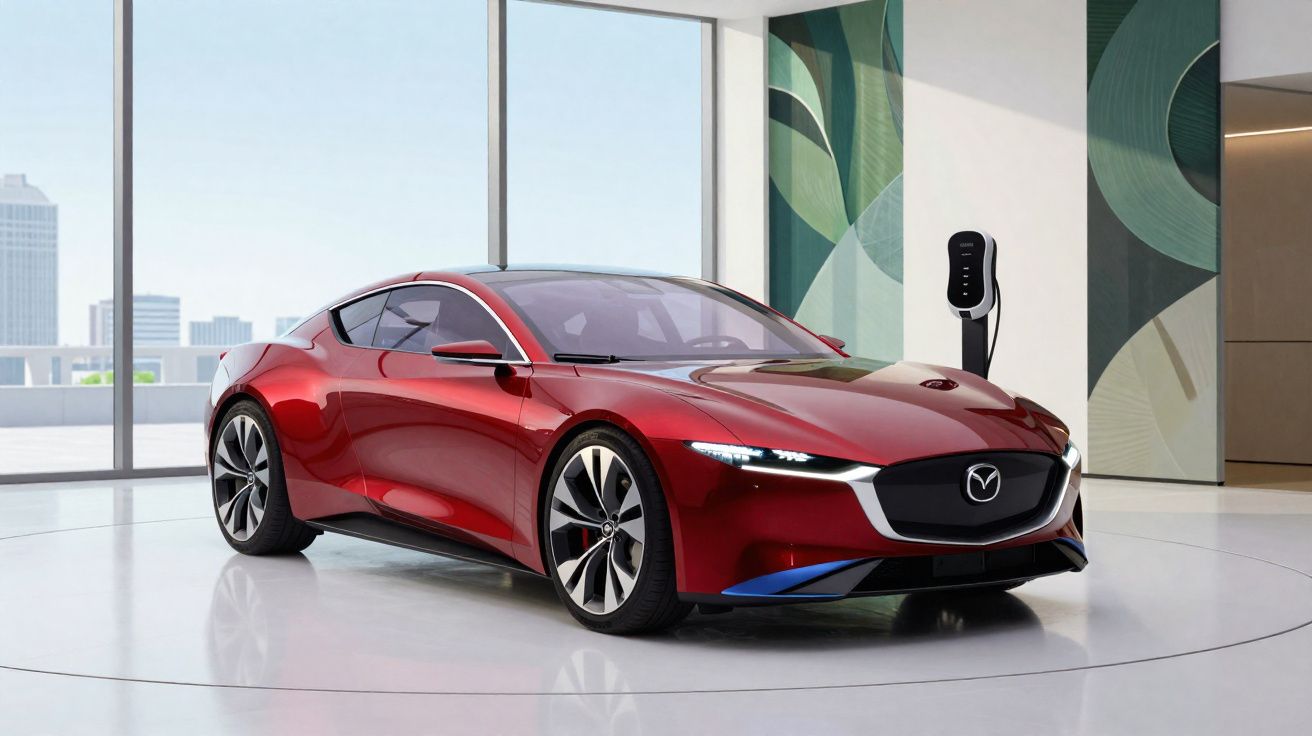 Carro esportivo elétrico Mazda vermelho estacionado em sala moderna com carregador na parede ao fundo.