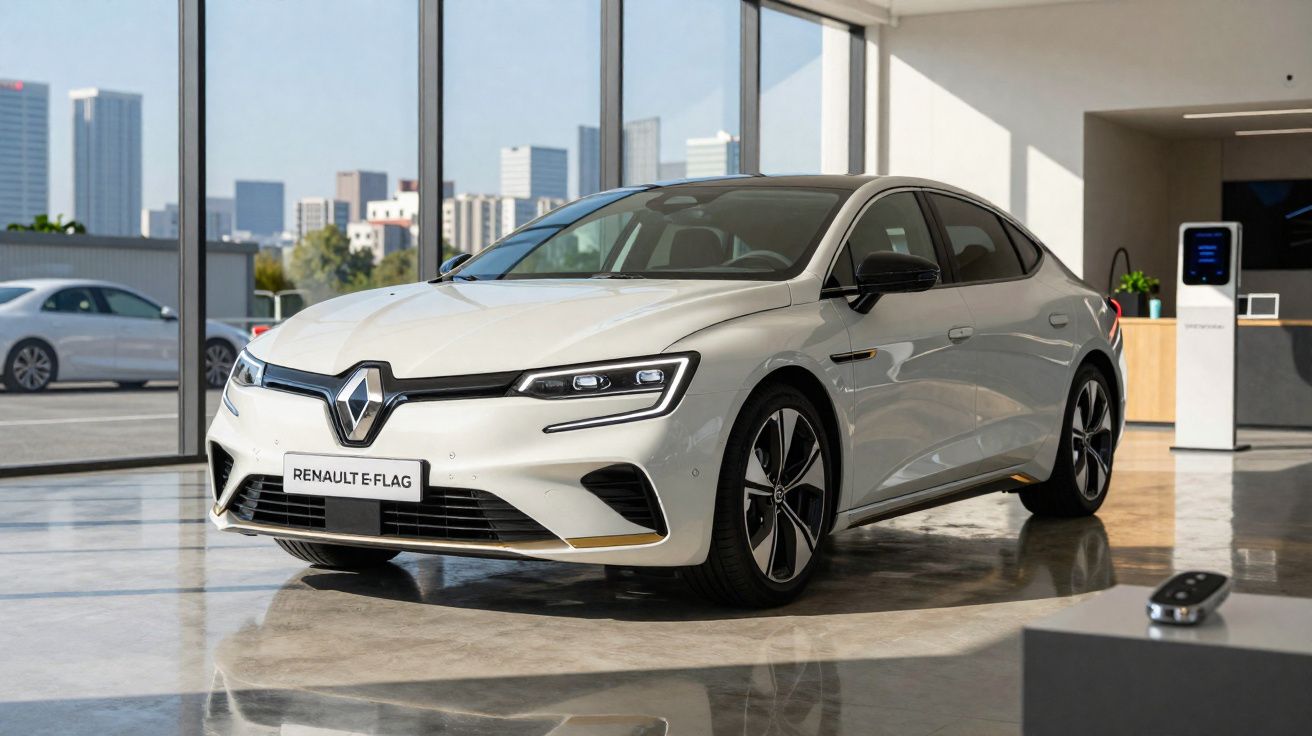 Carro elétrico Renault E-Flag branco em exposição em showroom com chão refletivo e vista urbana ao fundo.