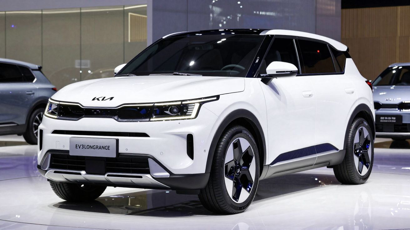 Carro elétrico Kia EV3 Longrange branco em exposição em ambiente interno moderno.