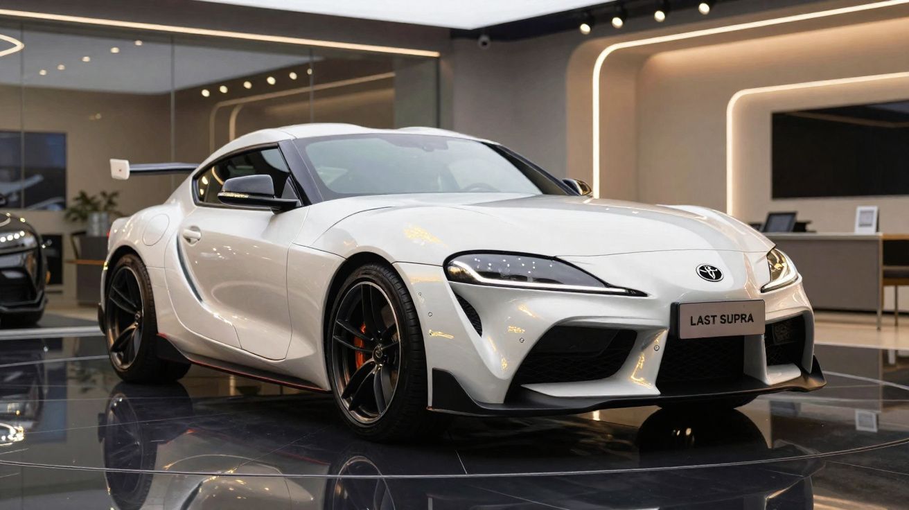 Carro esportivo branco Toyota Supra exibido em showroom com piso refletivo e iluminação moderna.