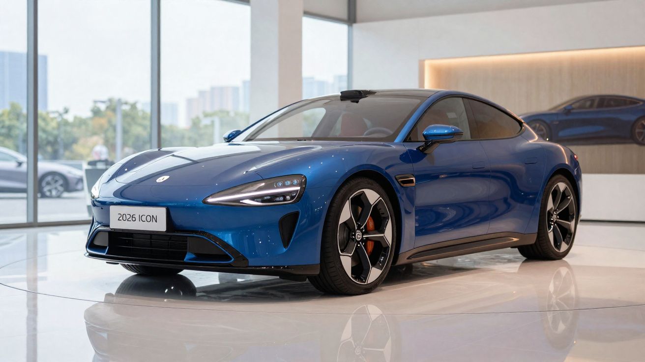 Carro esportivo azul 2026 Icon em exposição interna com teto preto e rodas estilizadas.