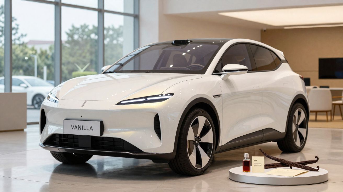 Carro branco elétrico modelo Vanilla exibido em showroom moderno com luz natural e objetos decorativos.