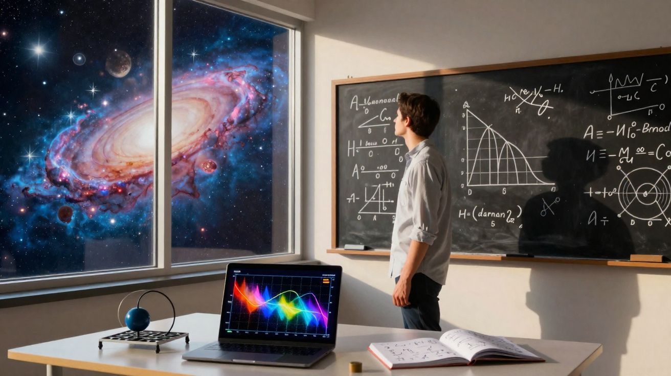 Jovem observa galáxia através da janela enquanto equações astronômicas estão no quadro negro da sala.