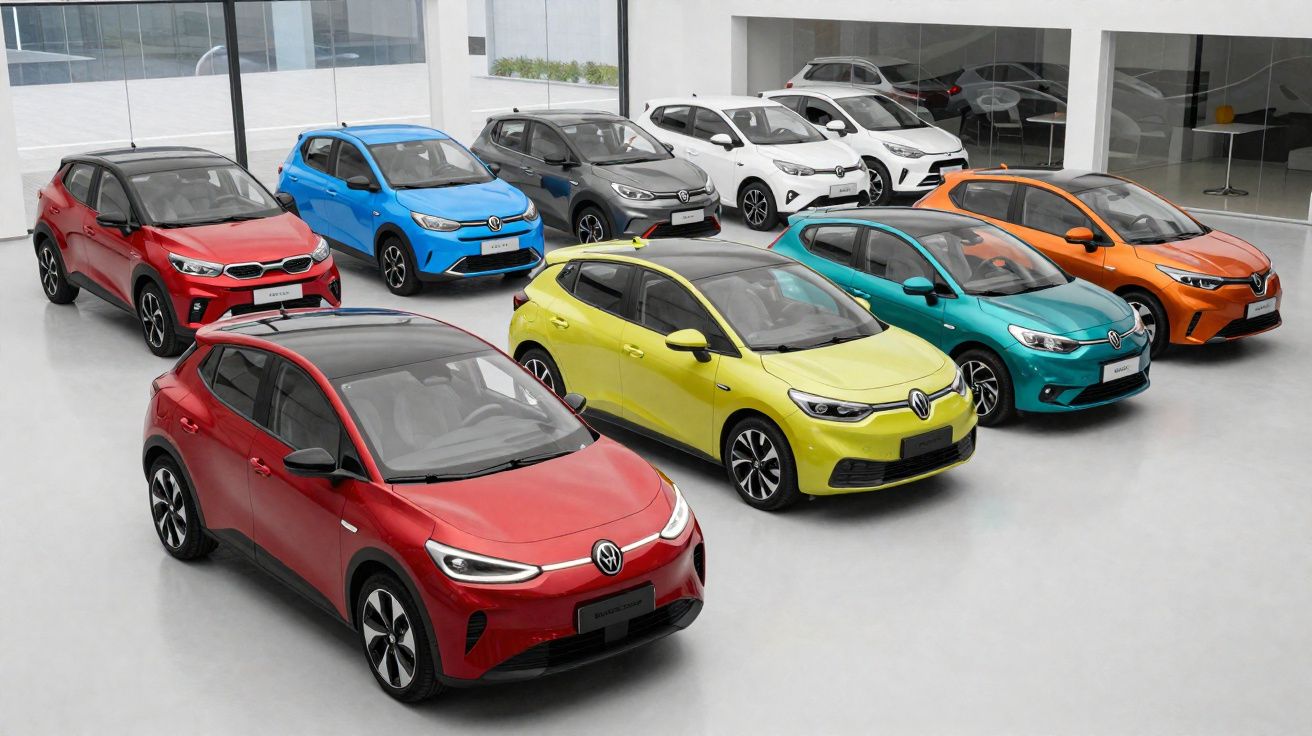 Dois modelos de carros Volkswagen em cores variadas expostos em ambiente interno branco e amplo.