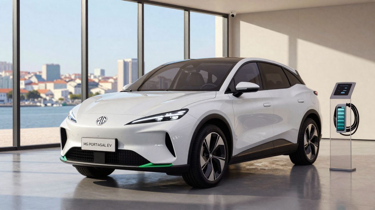 Carro elétrico branco MG Portgale EV estacionado em garagem moderna com estação de carregamento.