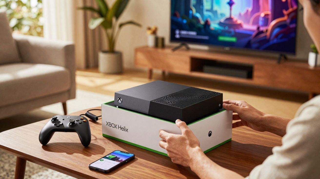 Pessoa segurando console Xbox Helix sobre a caixa, com controle e celular na mesa à frente da TV.